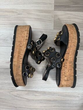 Black Leather Platform Sandals with Gold Accent Rings